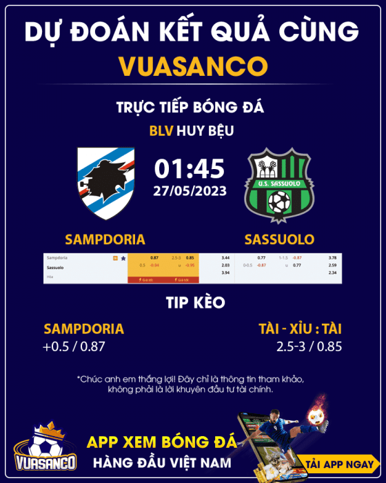 Soi kèo Sampdoria vs Sassuolo - 01h45 - 27/05 - Serie A